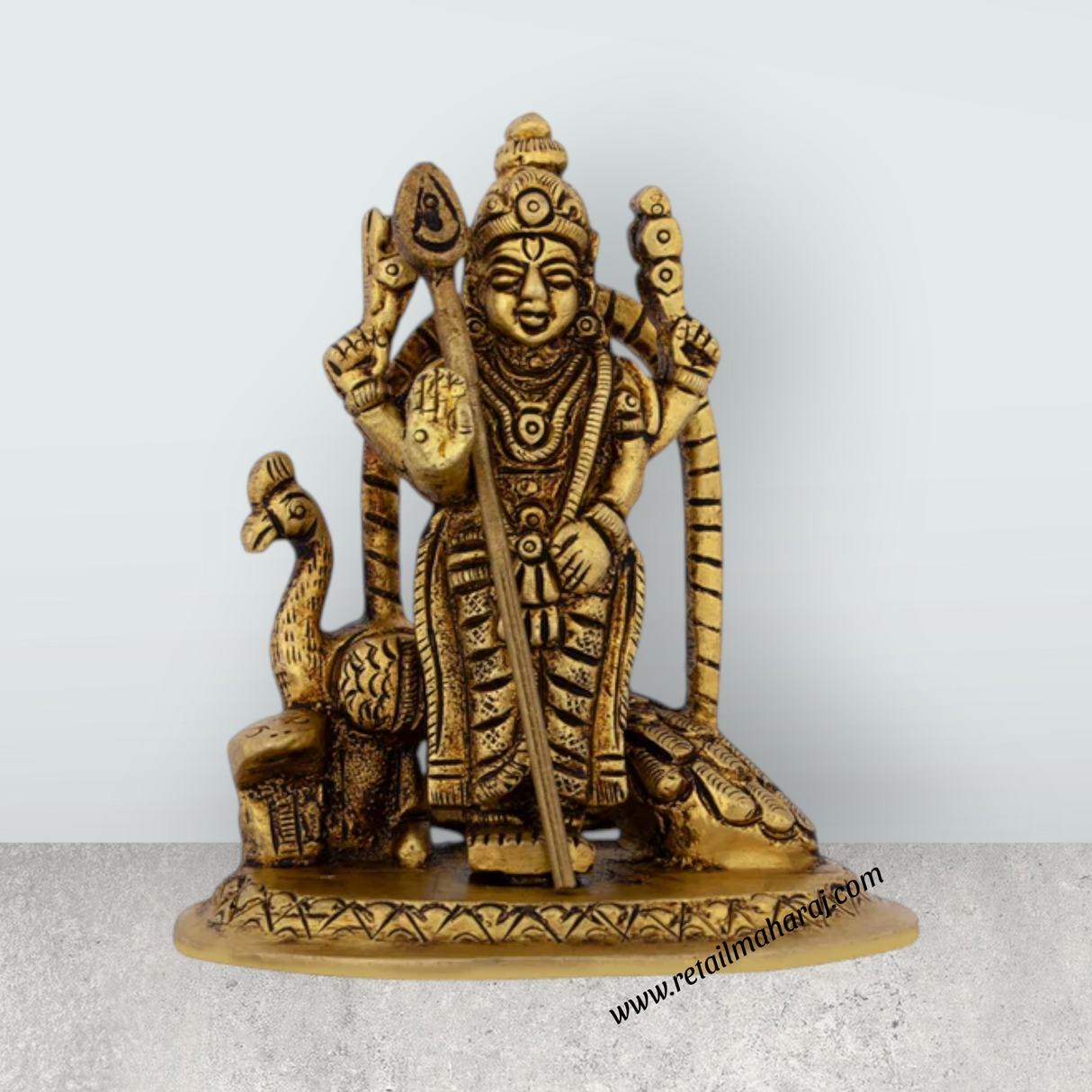 Murugan Statue With Peacock - 3 x 2.75 Inches | Antique Brass Murugan Idol/ Standing Murugan Silai for Pooja - Retail Maharaj
