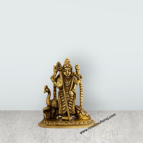 Murugan Statue With Peacock - 3 x 2.75 Inches | Antique Brass Murugan Idol/ Standing Murugan Silai for Pooja - Retail Maharaj