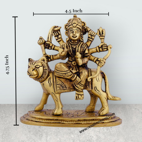 Product Name: Durga Maa Idol Sitting On Tiger - 4.75 X 4.5 Inches | Antique Brass Durga Murti/ Goddess Durga Statue For Navratri Pooja - Retail Maharaj