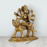 Product Name: Durga Maa Idol Sitting On Tiger - 4.75 X 4.5 Inches | Antique Brass Durga Murti/ Goddess Durga Statue For Navratri Pooja - Retail Maharaj