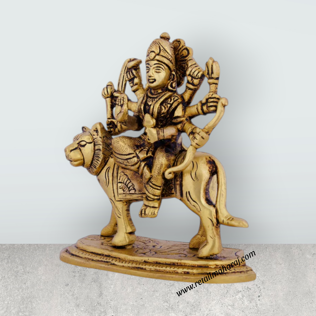Product Name: Durga Maa Idol Sitting On Tiger - 4.75 X 4.5 Inches | Antique Brass Durga Murti/ Goddess Durga Statue For Navratri Pooja - Retail Maharaj
