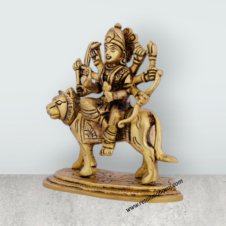 Product Name: Durga Maa Idol Sitting On Tiger - 4.75 X 4.5 Inches | Antique Brass Durga Murti/ Goddess Durga Statue For Navratri Pooja - Retail Maharaj