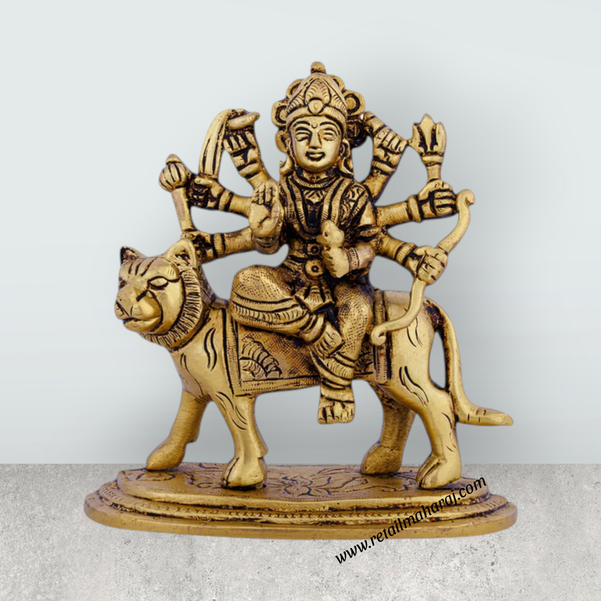 Product Name: Durga Maa Idol Sitting On Tiger - 4.75 X 4.5 Inches | Antique Brass Durga Murti/ Goddess Durga Statue For Navratri Pooja - Retail Maharaj