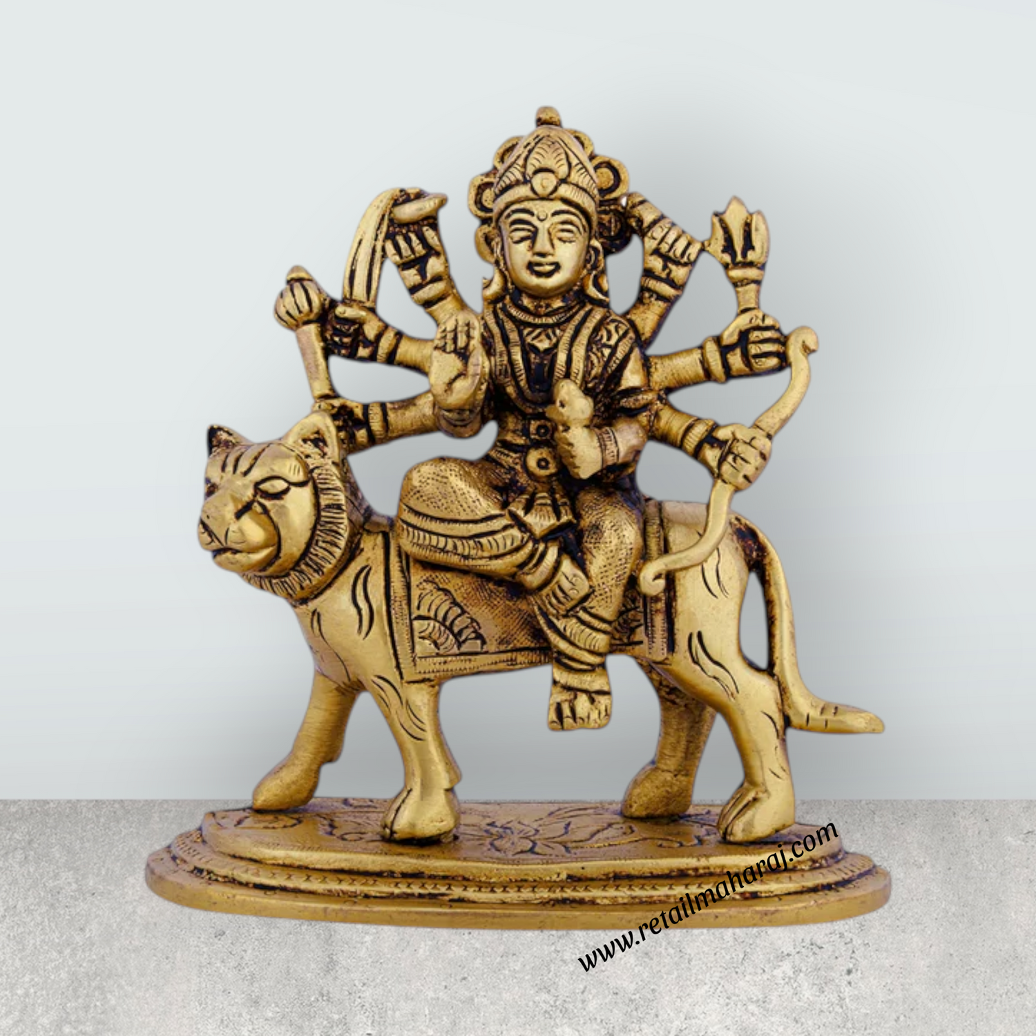 Product Name: Durga Maa Idol Sitting On Tiger - 4.75 X 4.5 Inches | Antique Brass Durga Murti/ Goddess Durga Statue For Navratri Pooja - Retail Maharaj