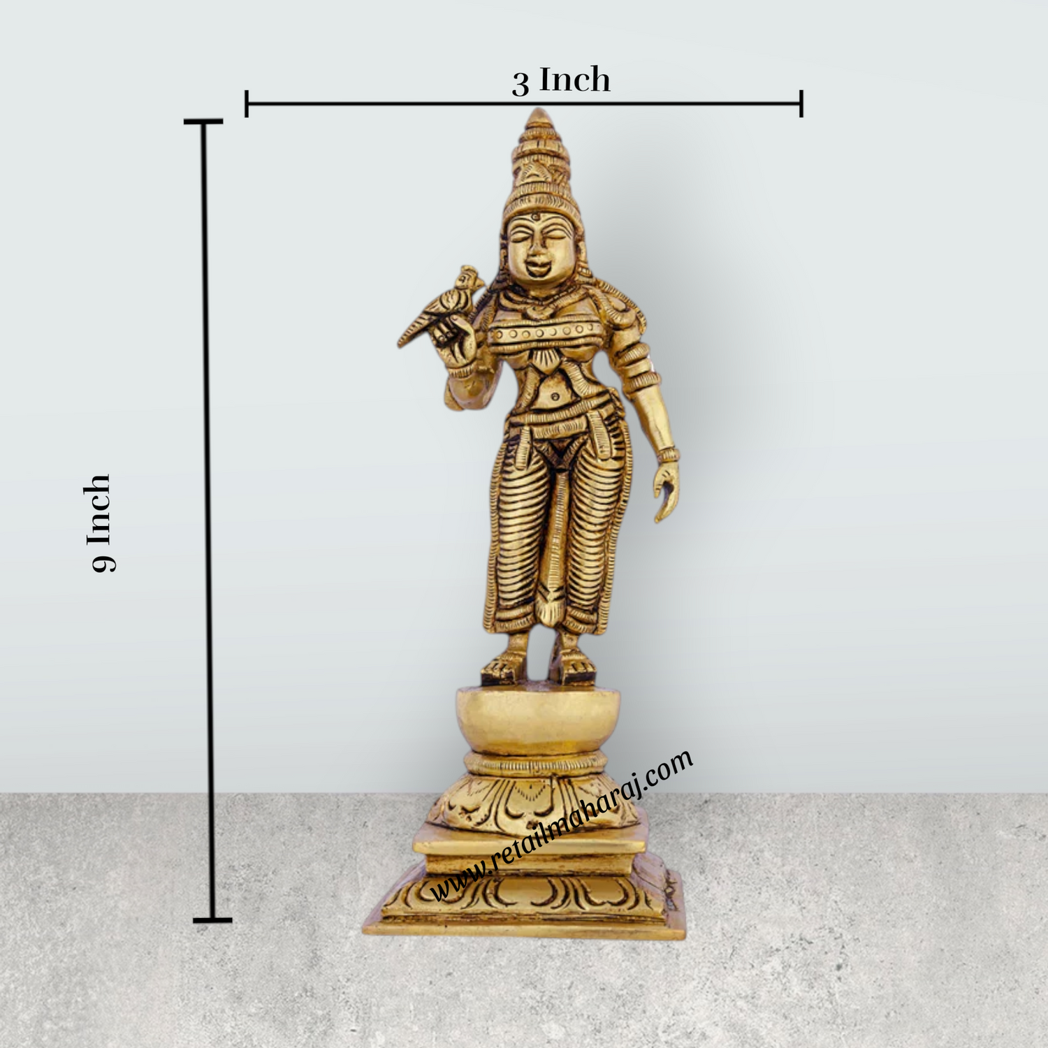 Meenakshi Amman Statue Standing On Base - 9 X 3 Inches | Meenakshi Amman Idol/ Antique Brass Idol For Temple Pooja - Retail Maharaj