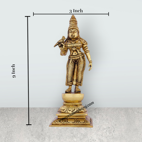 Meenakshi Amman Statue Standing On Base - 9 X 3 Inches | Meenakshi Amman Idol/ Antique Brass Idol For Temple Pooja - Retail Maharaj