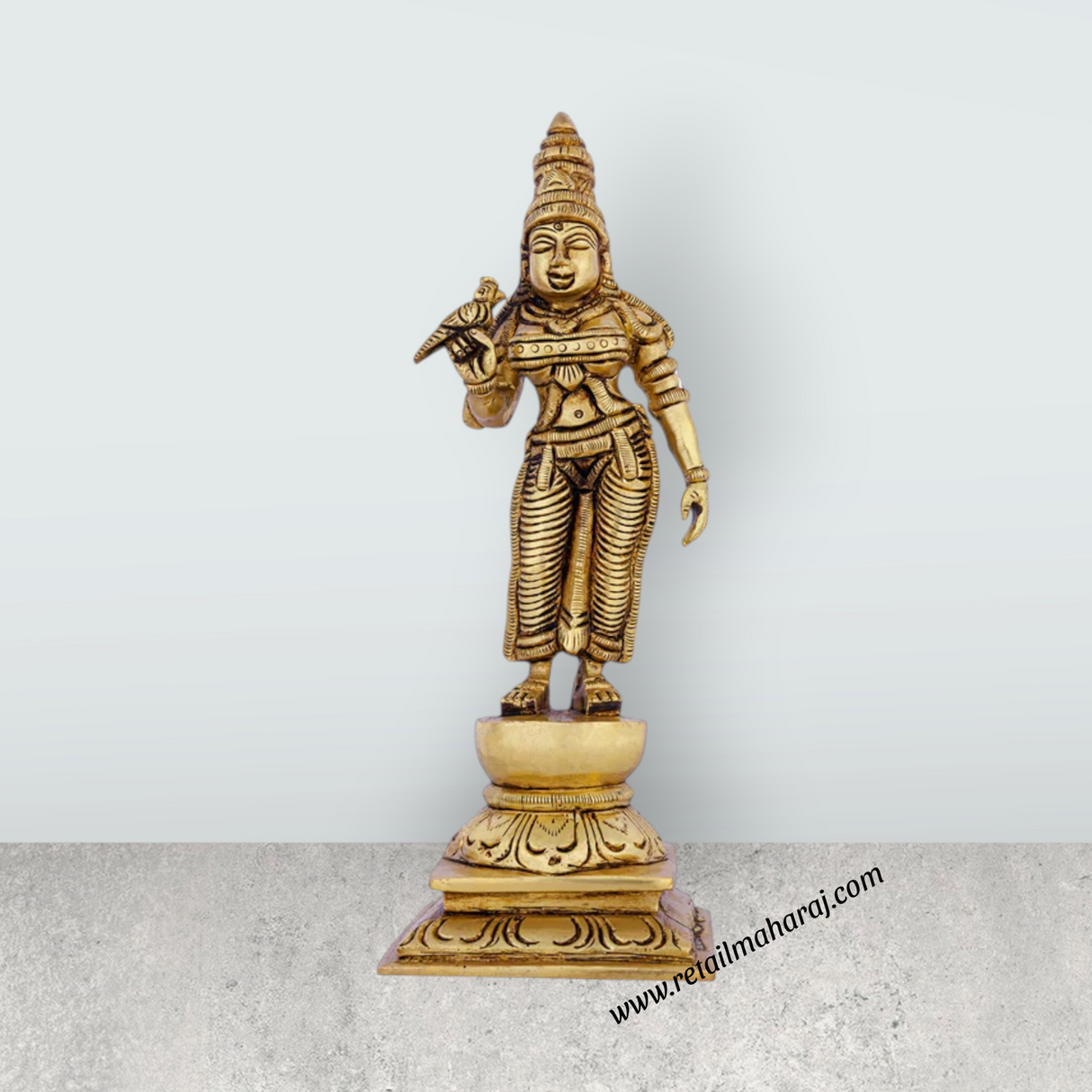 Meenakshi Amman Statue Standing On Base - 9 X 3 Inches | Meenakshi Amman Idol/ Antique Brass Idol For Temple Pooja - Retail Maharaj