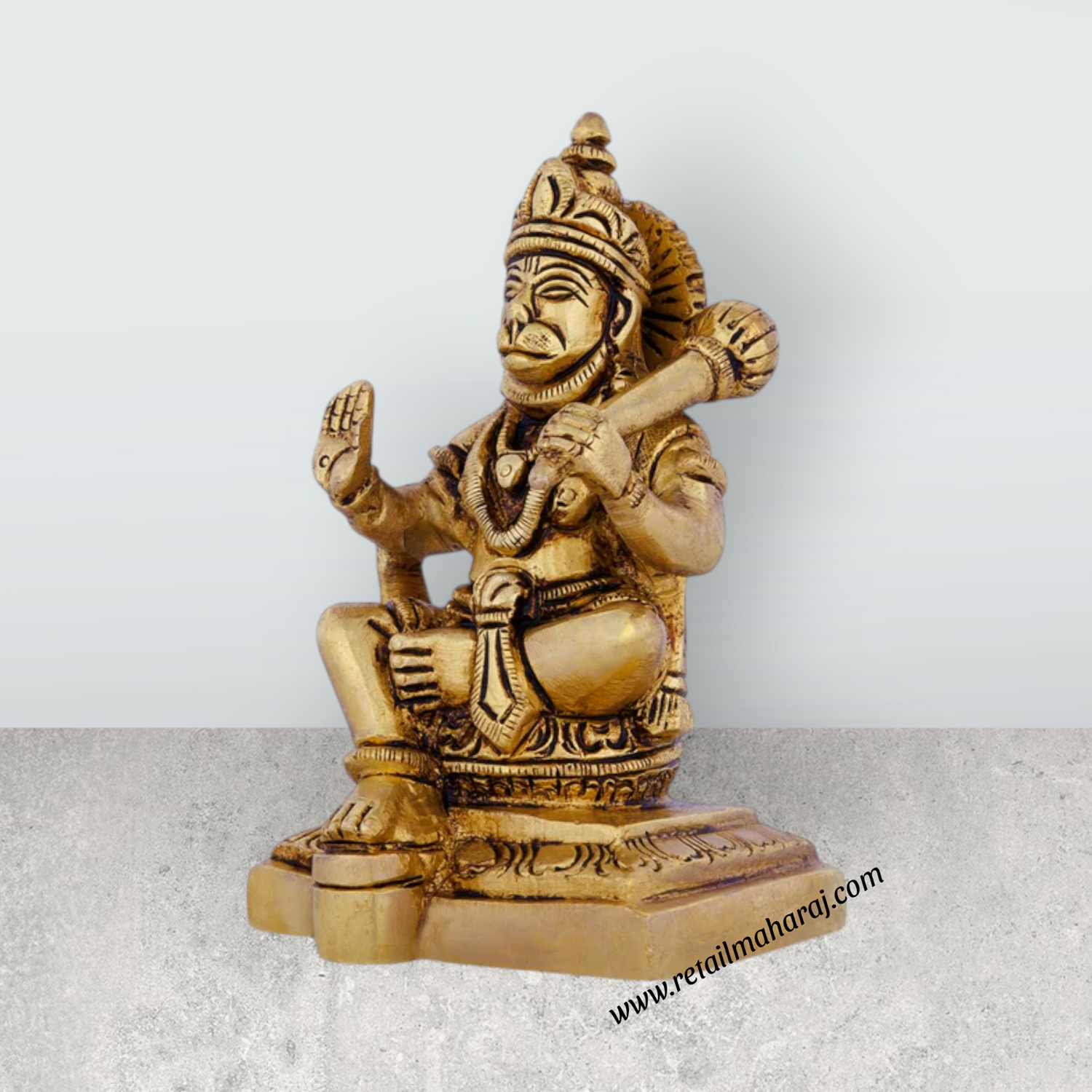 Anjaneya Statue Sitting On Base - 4.5 X 2.75 Inches | Antique Brass Idol/ Hanuman Statue For Blessings