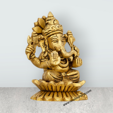 Ganesh Murti Sitting On Lotus Flower - 3.25 x 2.25 Inches | Antique Brass Idol/ Ganpati Murti for Pooja/ 340 Gms - Retail Maharaj