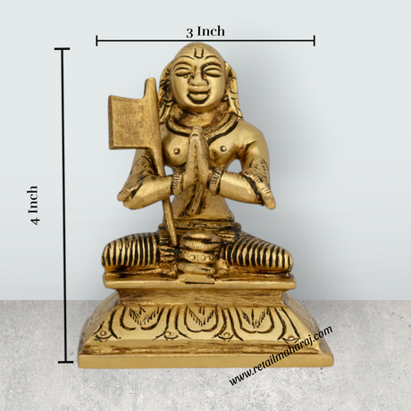 Ramanujar Statue Sitting On Base - 4 x 3 Inches | Antique Brass Idol/ Ramanujar Idol for Pooja - Retail Maharaj