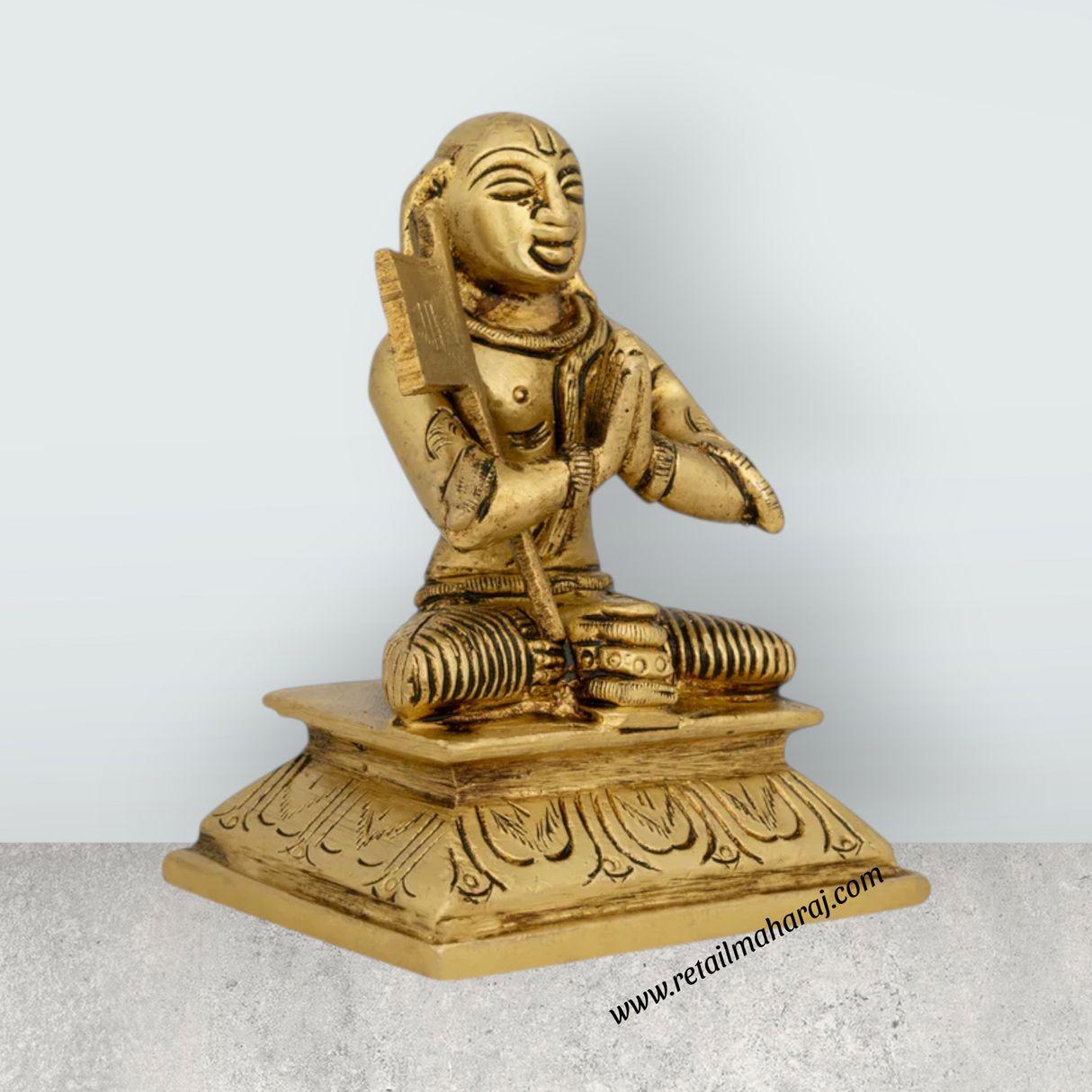 Ramanujar Statue Sitting On Base - 4 x 3 Inches | Antique Brass Idol/ Ramanujar Idol for Pooja - Retail Maharaj