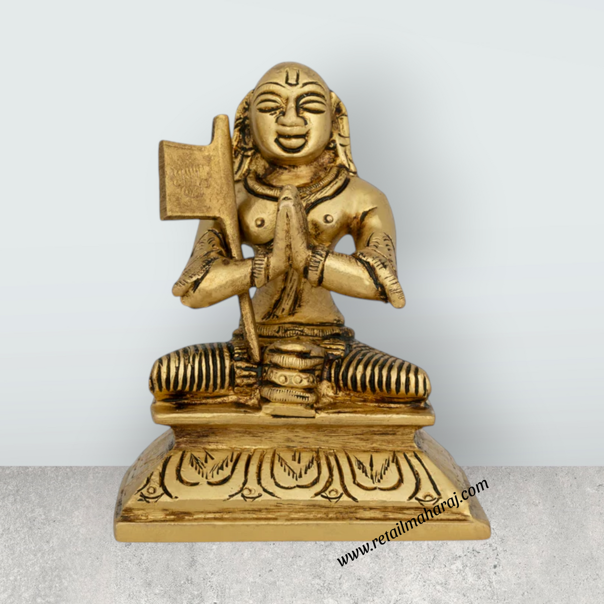 Ramanujar Statue Sitting On Base - 4 x 3 Inches | Antique Brass Idol/ Ramanujar Idol for Pooja - Retail Maharaj