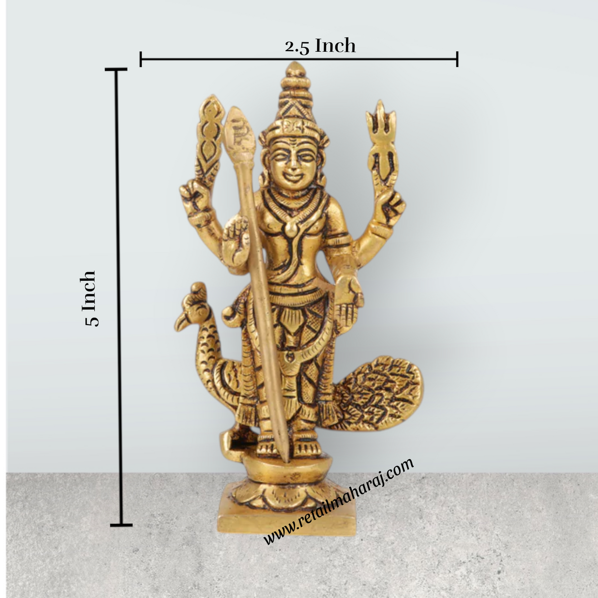 Murugan Statue Standing On Base – Antique Brass Murugan Silai with Peacock for Pooja (5 x 2.5 Inches) - Retail Maharaj