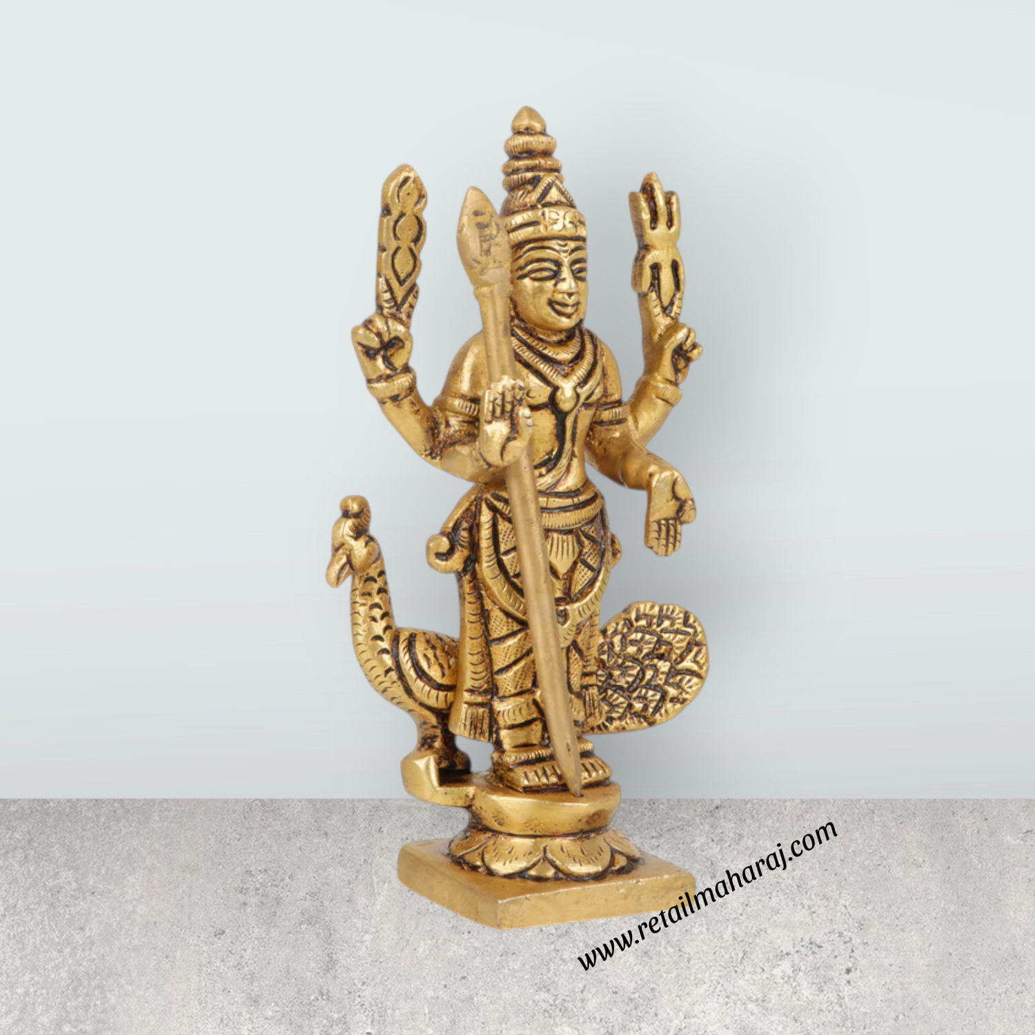 Murugan Statue Standing On Base - 5 x 2.5 Inches | Antique Brass Idol/ Murugan Silai with Peacock for Pooja - Retail Maharaj