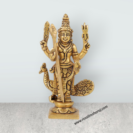 Murugan Statue Standing On Base – Antique Brass Murugan Silai with Peacock for Pooja (5 x 2.5 Inches) - Retail Maharaj