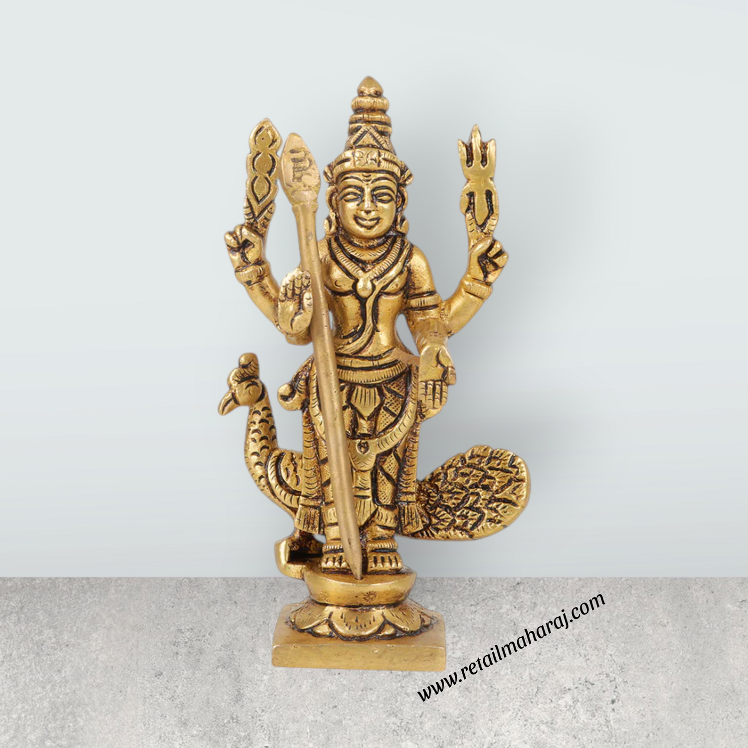 Murugan Statue Standing On Base - 5 x 2.5 Inches | Antique Brass Idol/ Murugan Silai with Peacock for Pooja - Retail Maharaj