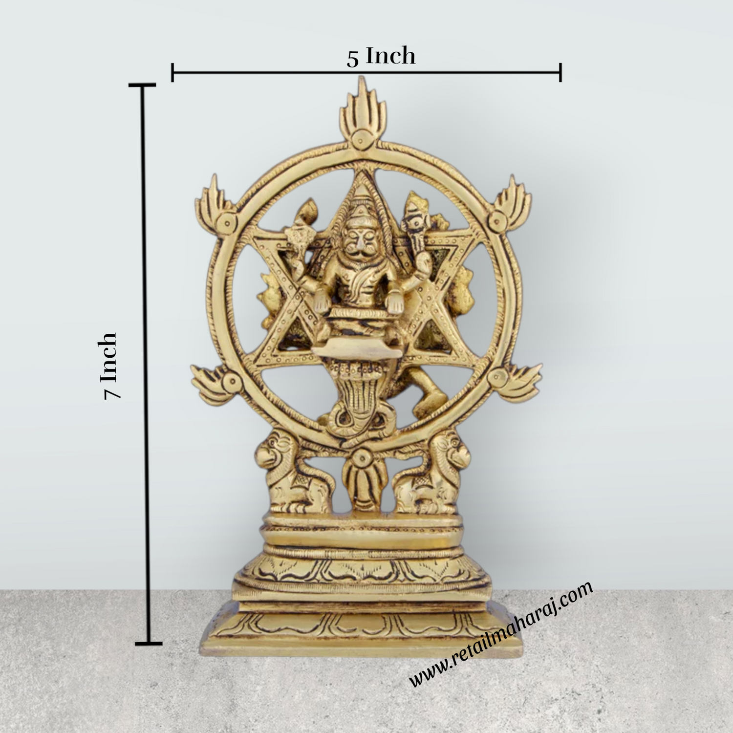 Chakrathazhwar Idol - 7 x 5 Inches | Antique Brass Idol/ Chakrathalwar Statue for Pooja/ 1.040 Kgs Approx - Retail Maharaj