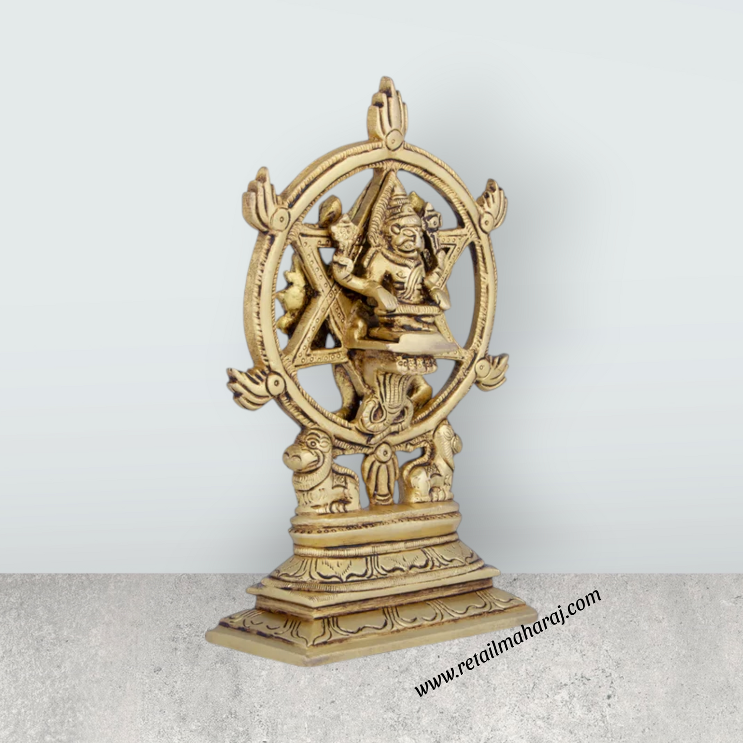 Chakrathazhwar Idol - 7 x 5 Inches | Antique Brass Idol/ Chakrathalwar Statue for Pooja/ 1.040 Kgs Approx - Retail Maharaj