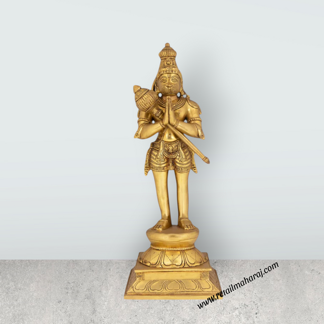 Hanuman Standing With Kadhai On Base Murti - 16 X 6 Inches | Antique Brass Idol / Anjaneya Statue For Pooja - Retail Maharaj