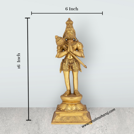 Hanuman Standing With Kadhai On Base Murti - 16 X 6 Inches | Antique Brass Idol / Anjaneya Statue For Pooja - Retail Maharaj