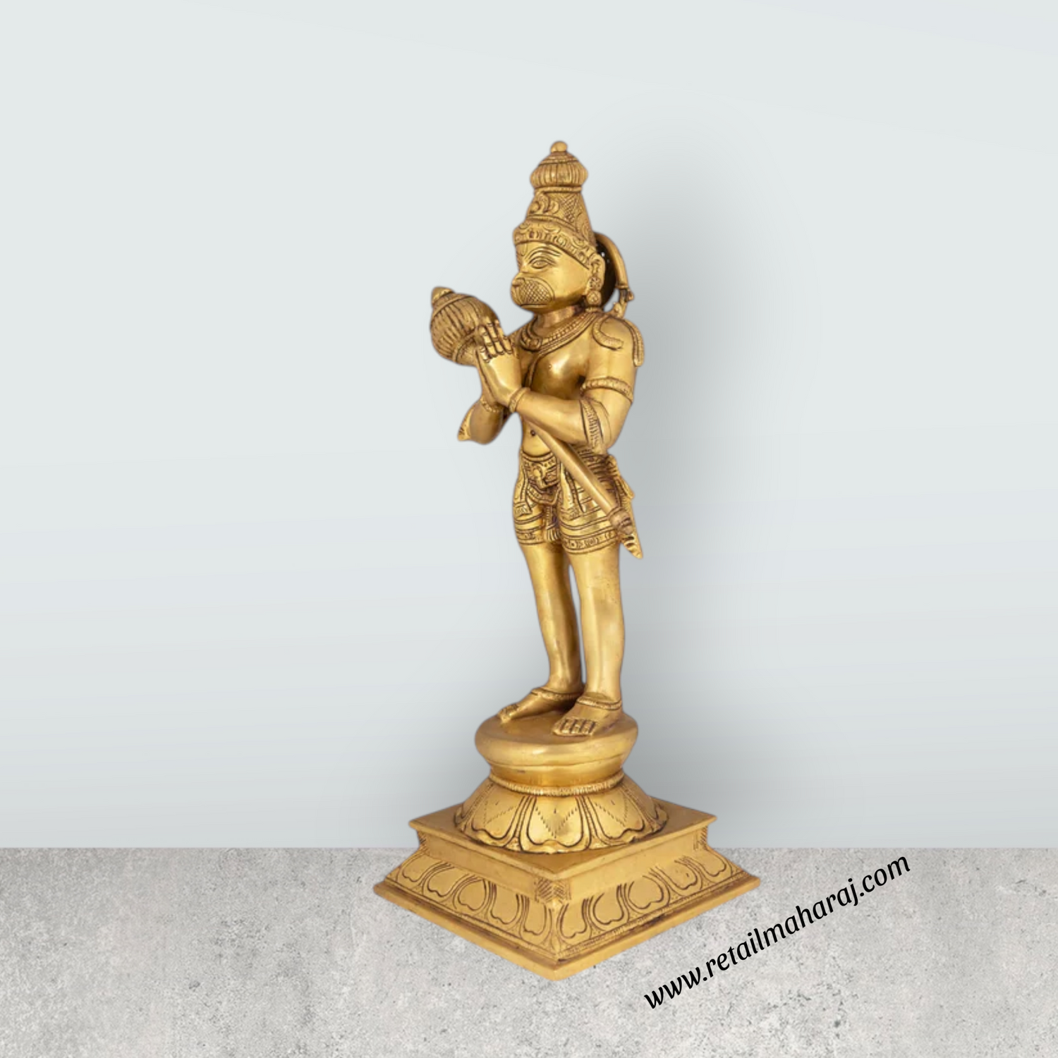 Hanuman Standing With Kadhai On Base Murti - 16 X 6 Inches | Antique Brass Idol / Anjaneya Statue For Pooja - Retail Maharaj