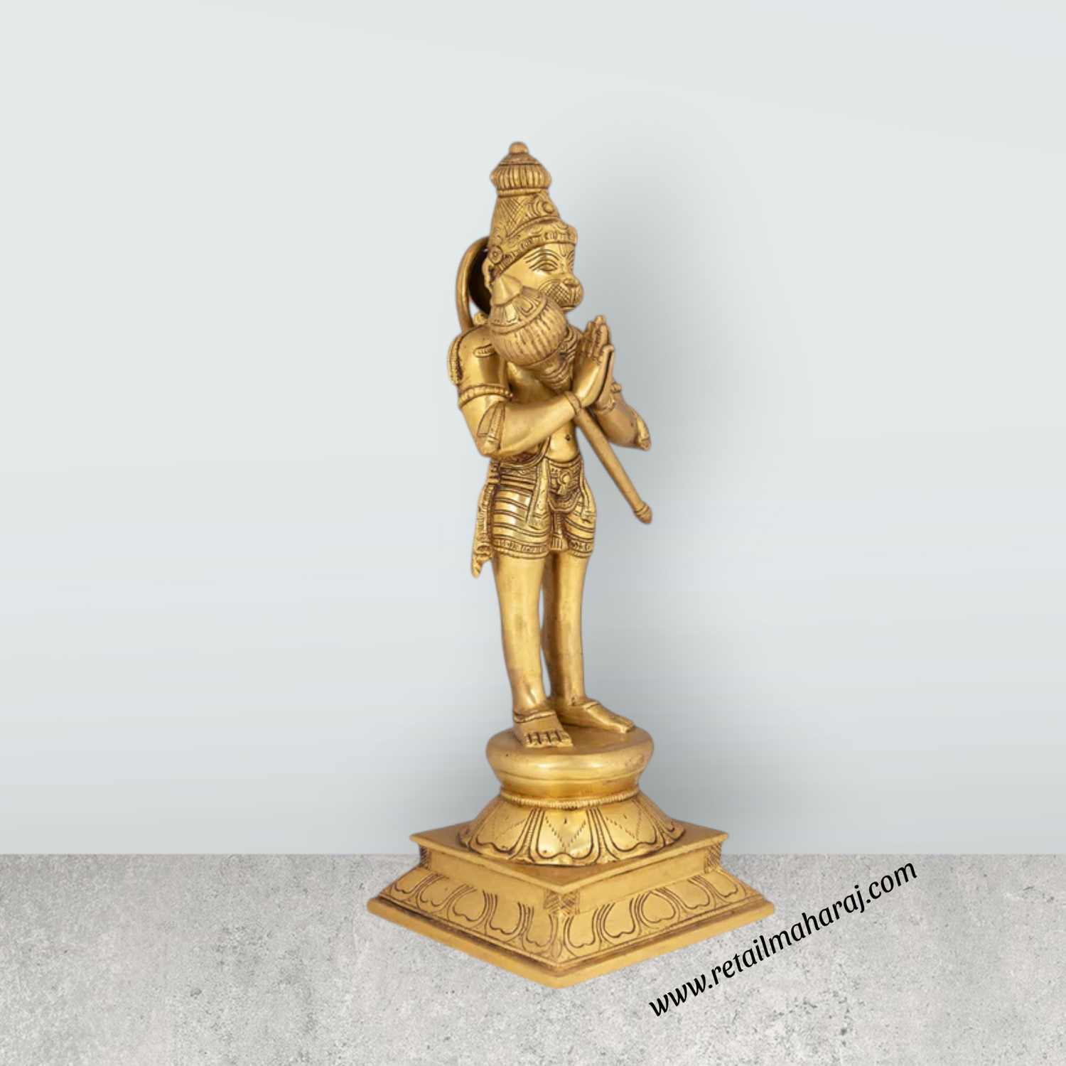 Hanuman Standing With Kadhai On Base Murti - 16 X 6 Inches | Antique Brass Idol / Anjaneya Statue For Pooja - Retail Maharaj