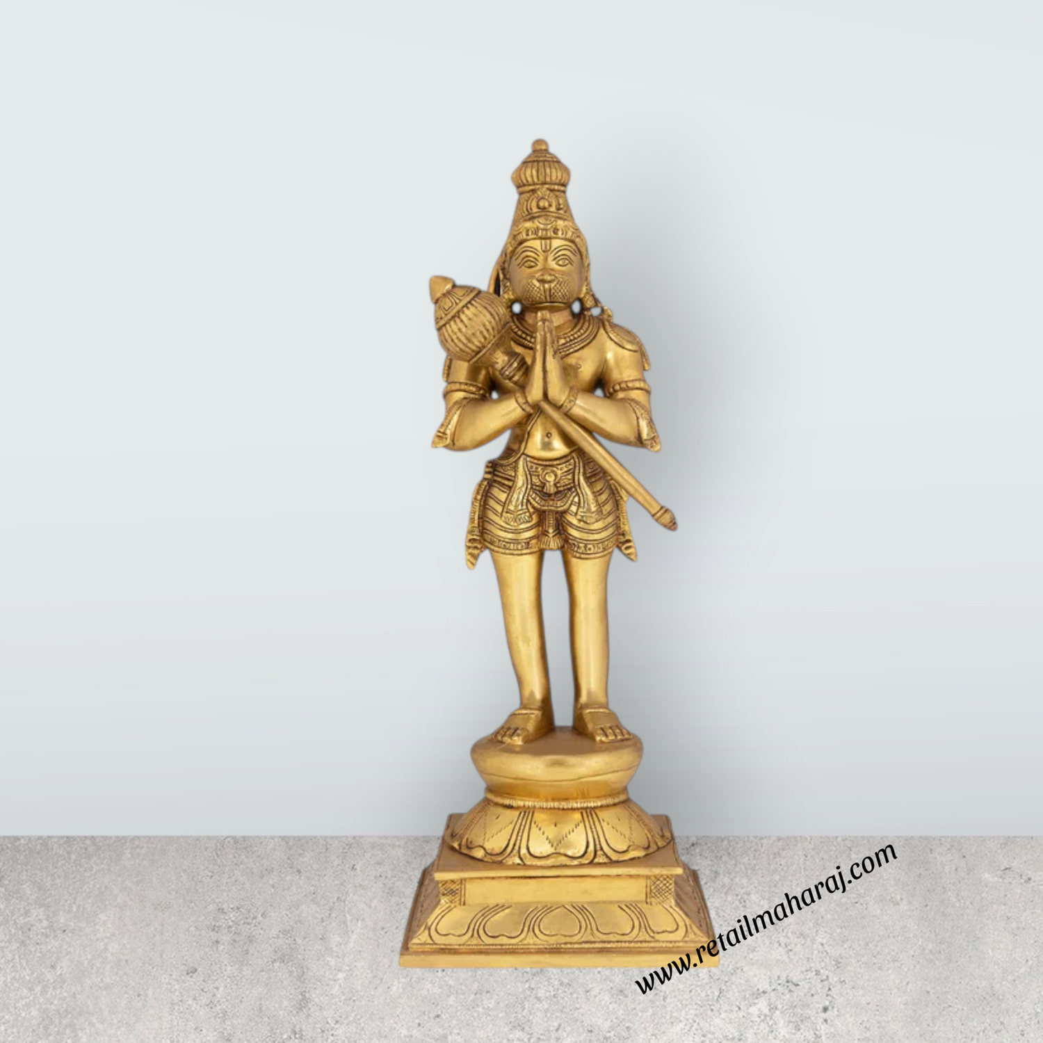 Hanuman Standing With Kadhai On Base Murti - 16 X 6 Inches | Antique Brass Idol / Anjaneya Statue For Pooja - Retail Maharaj