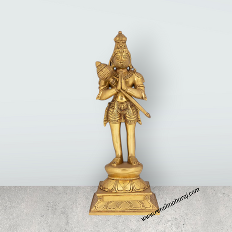 Hanuman Standing With Kadhai On Base Murti - 16 X 6 Inches | Antique Brass Idol / Anjaneya Statue For Pooja - Retail Maharaj