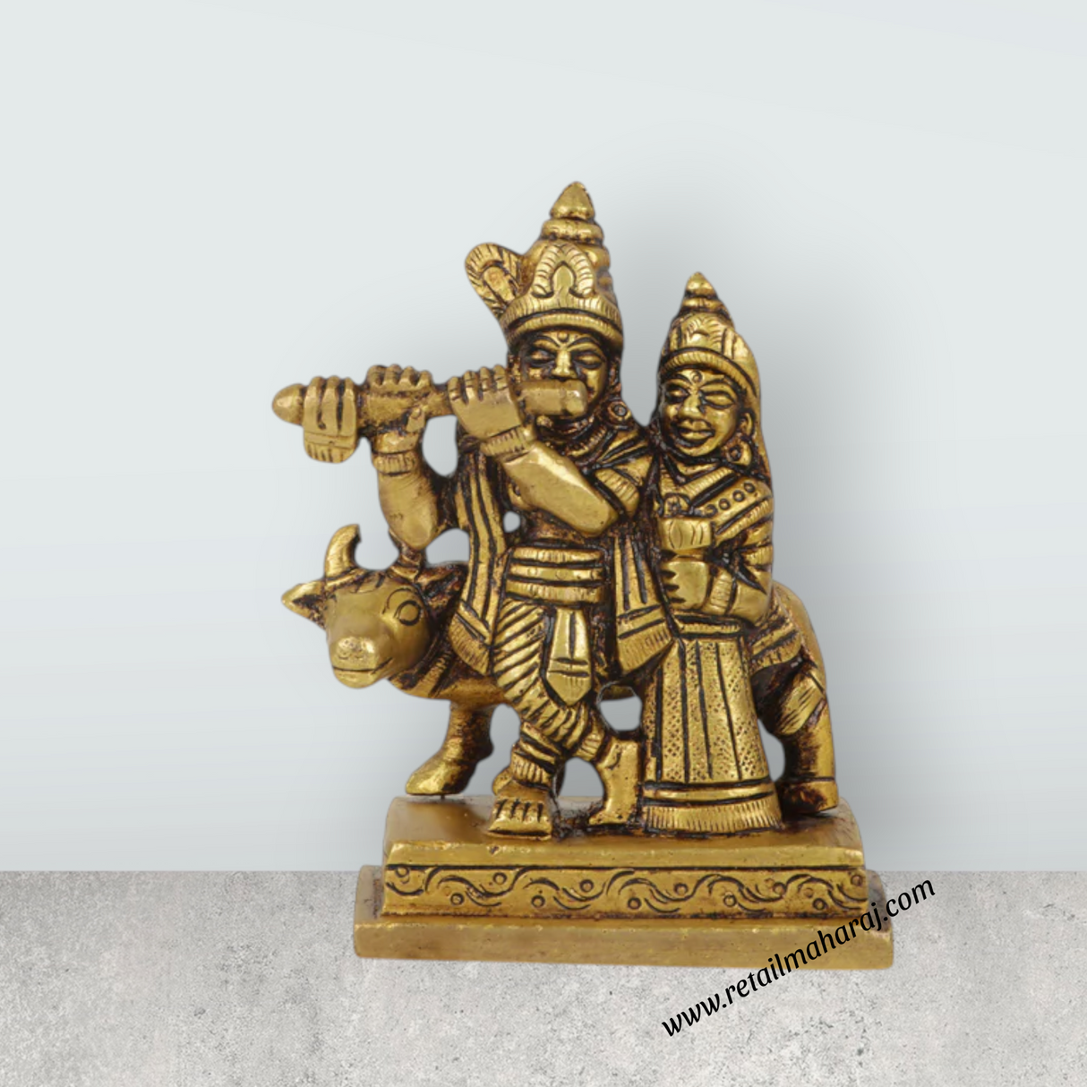 Radha Krishna Idol - 3.5 Inches | Brass Idol/ Antique Radha Krishna with Cow Statue for Pooja/ 350 Gms Approx - Retail Maharaj