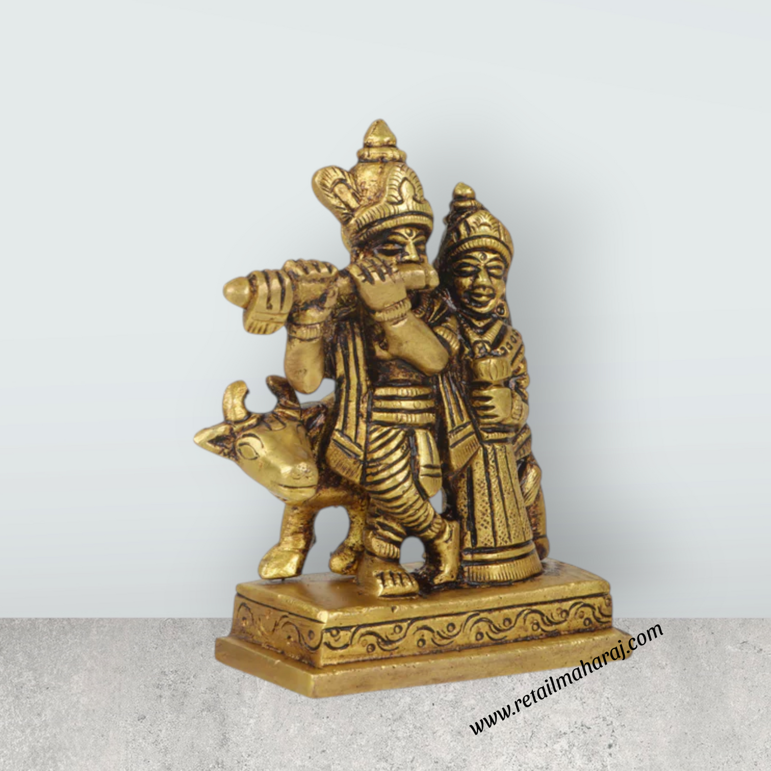 Radha Krishna Idol - 3.5 Inches | Brass Idol/ Antique Radha Krishna with Cow Statue for Pooja/ 350 Gms Approx - Retail Maharaj