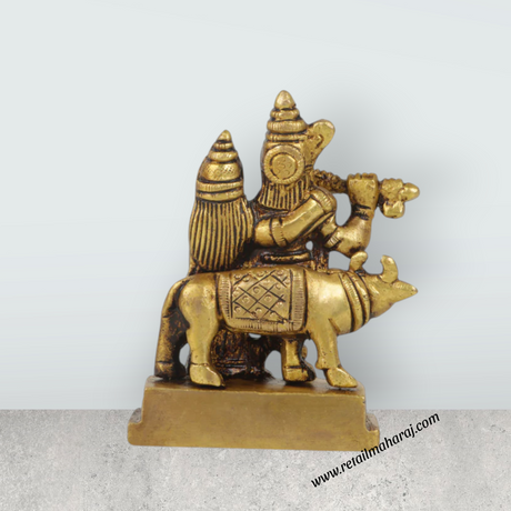 Radha Krishna Idol - 3.5 Inches | Brass Idol/ Antique Radha Krishna with Cow Statue for Pooja/ 350 Gms Approx - Retail Maharaj