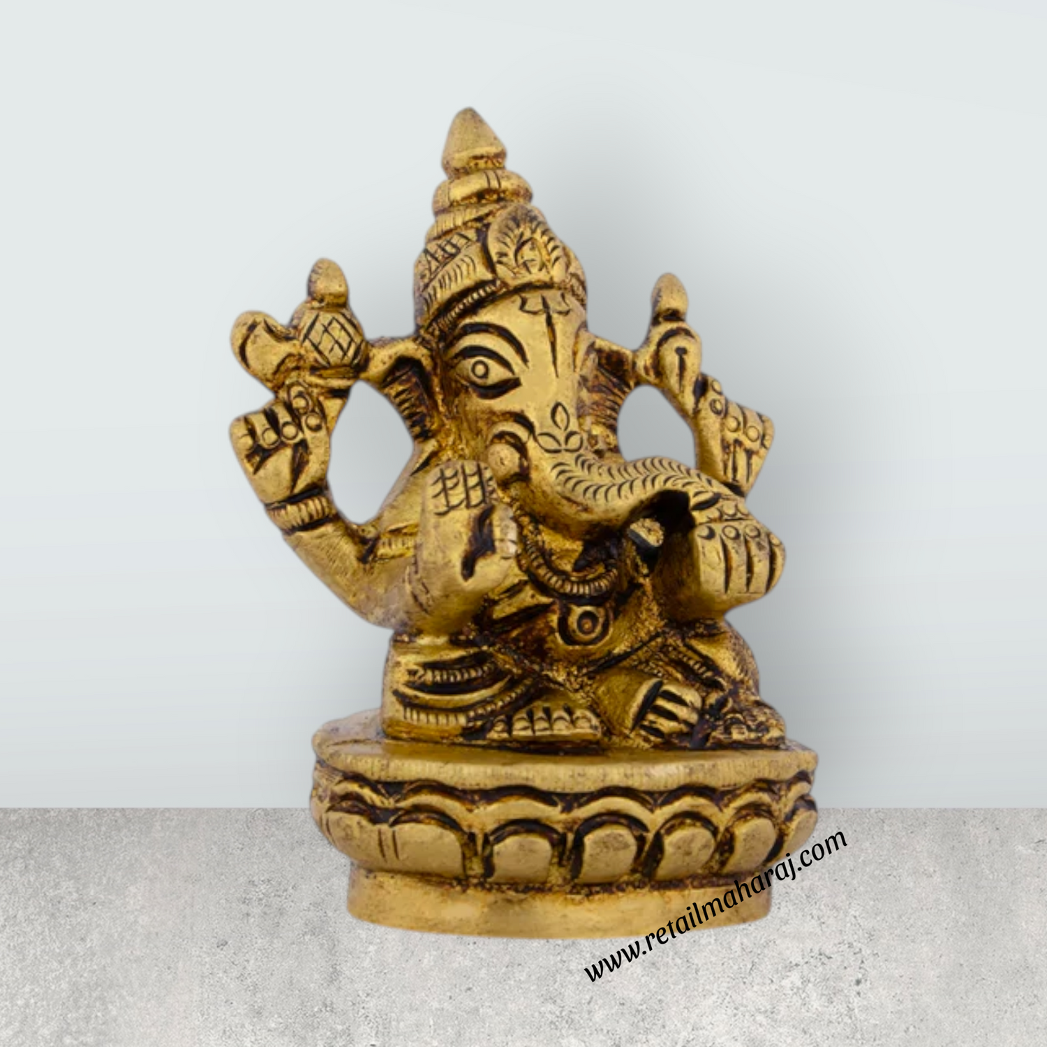 Ganesh Murti Sitting On Base - 2.5 x 2 Inches | Brass Ganpati Murti/ Antique Polish Vinayaka Statue for Pooja - Retail Maharaj