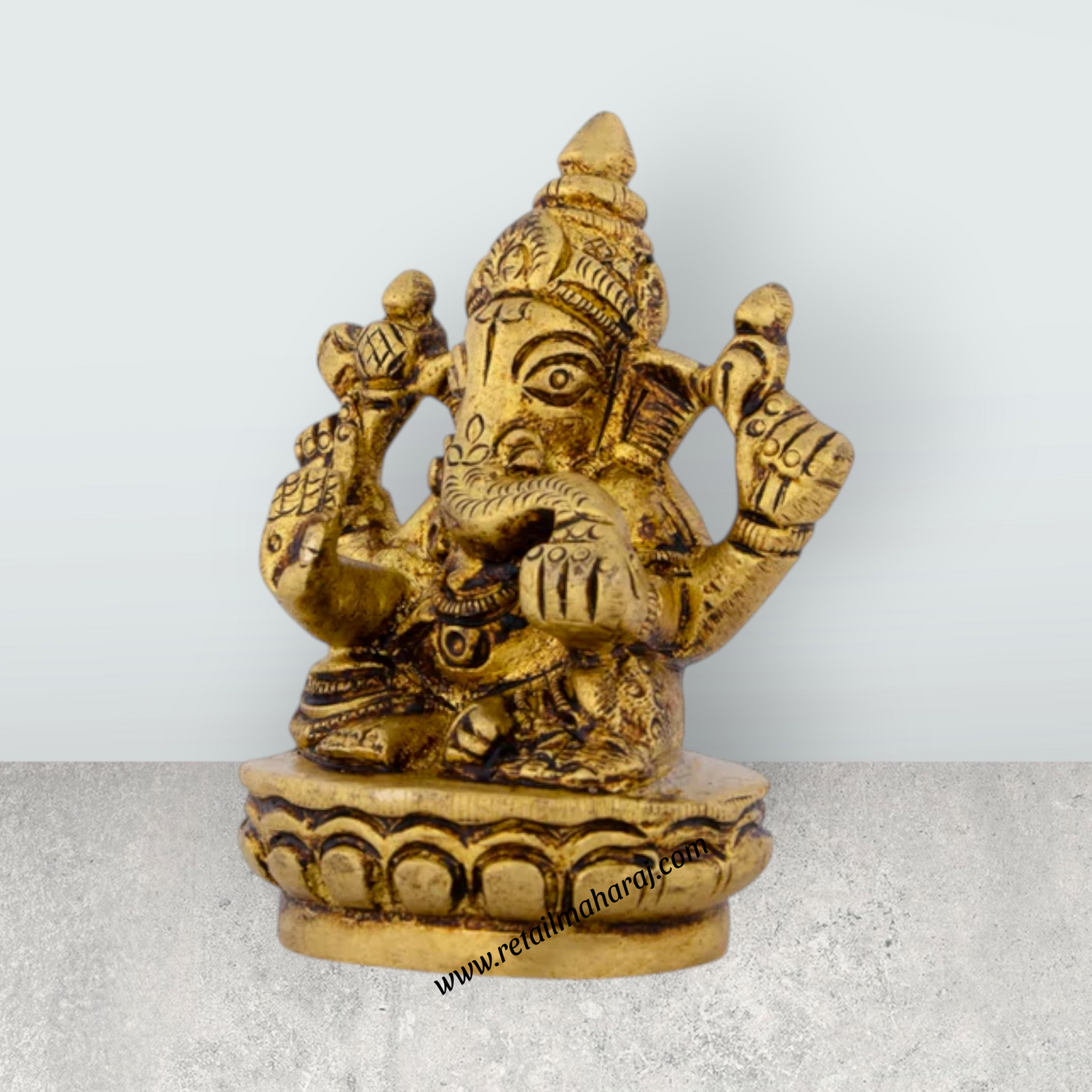 Ganesh Murti Sitting On Base - 2.5 x 2 Inches | Brass Ganpati Murti/ Antique Polish Vinayaka Statue for Pooja - Retail Maharaj