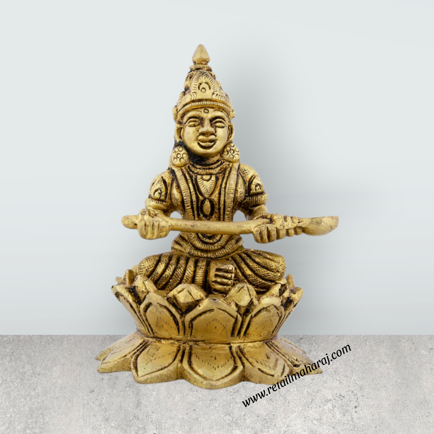 Annapurna Devi Sitting On Lotus Flower - 4 x 2.75 Inches | Antique Brass Idol/ Annapurna Murti for Pooja/ 740 Gms - Retail Maharaj