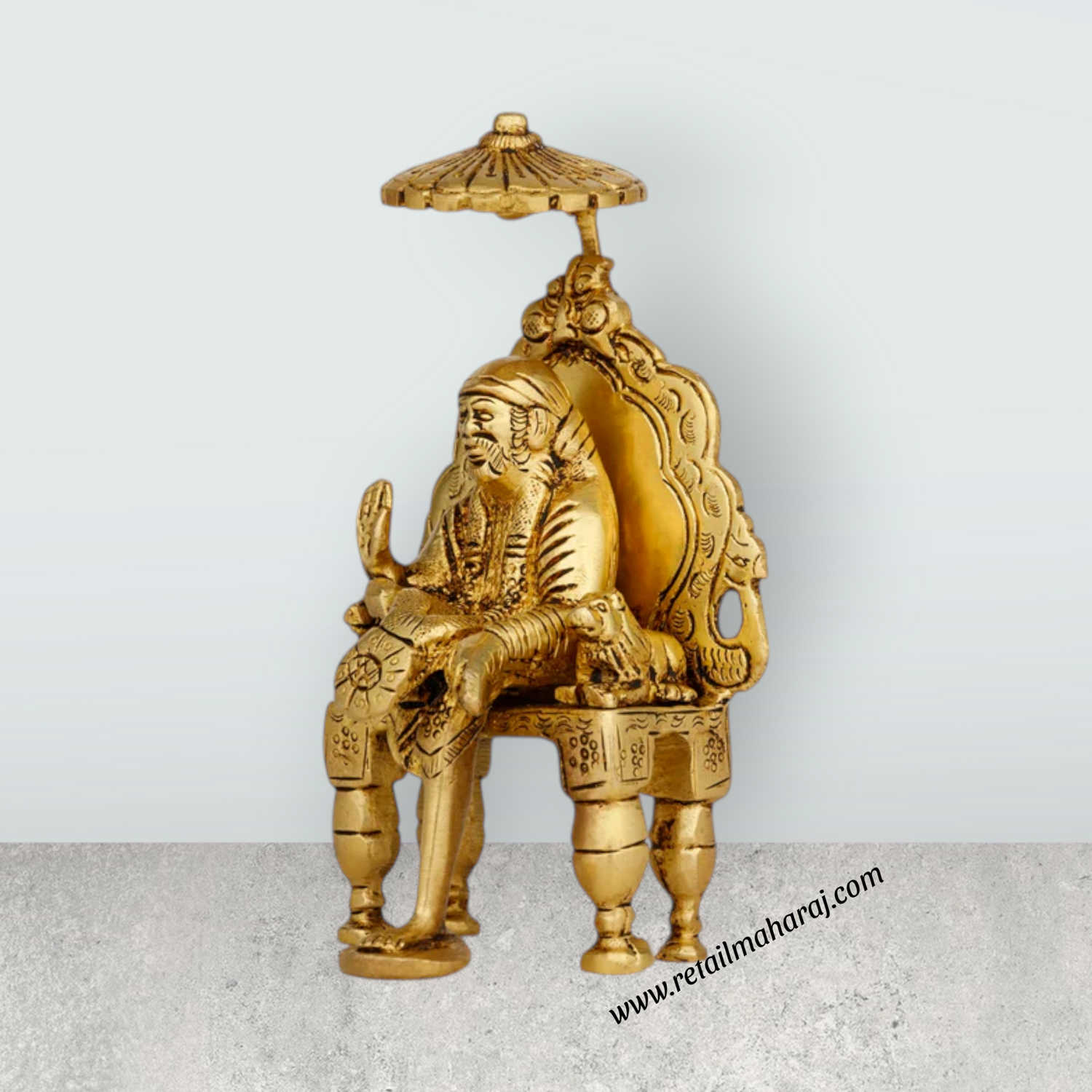 Saibaba Statue Sitting On Sinhasan - 6 x 3.5 Inches | Antique Brass Idol/ Sai Baba Vigraham for Pooja