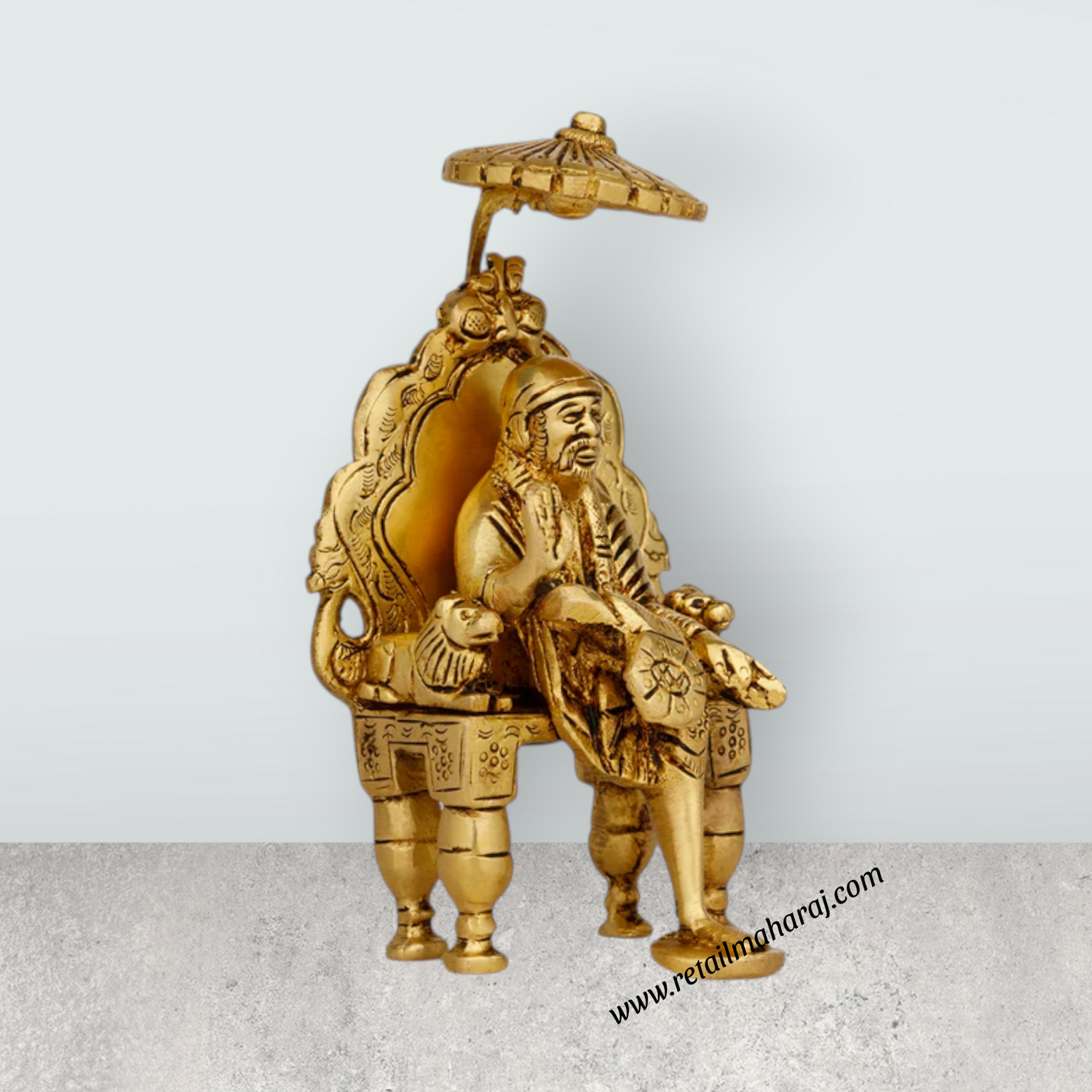 Saibaba Statue Sitting On Sinhasan - 6 x 3.5 Inches | Antique Brass Idol/ Sai Baba Vigraham for Pooja