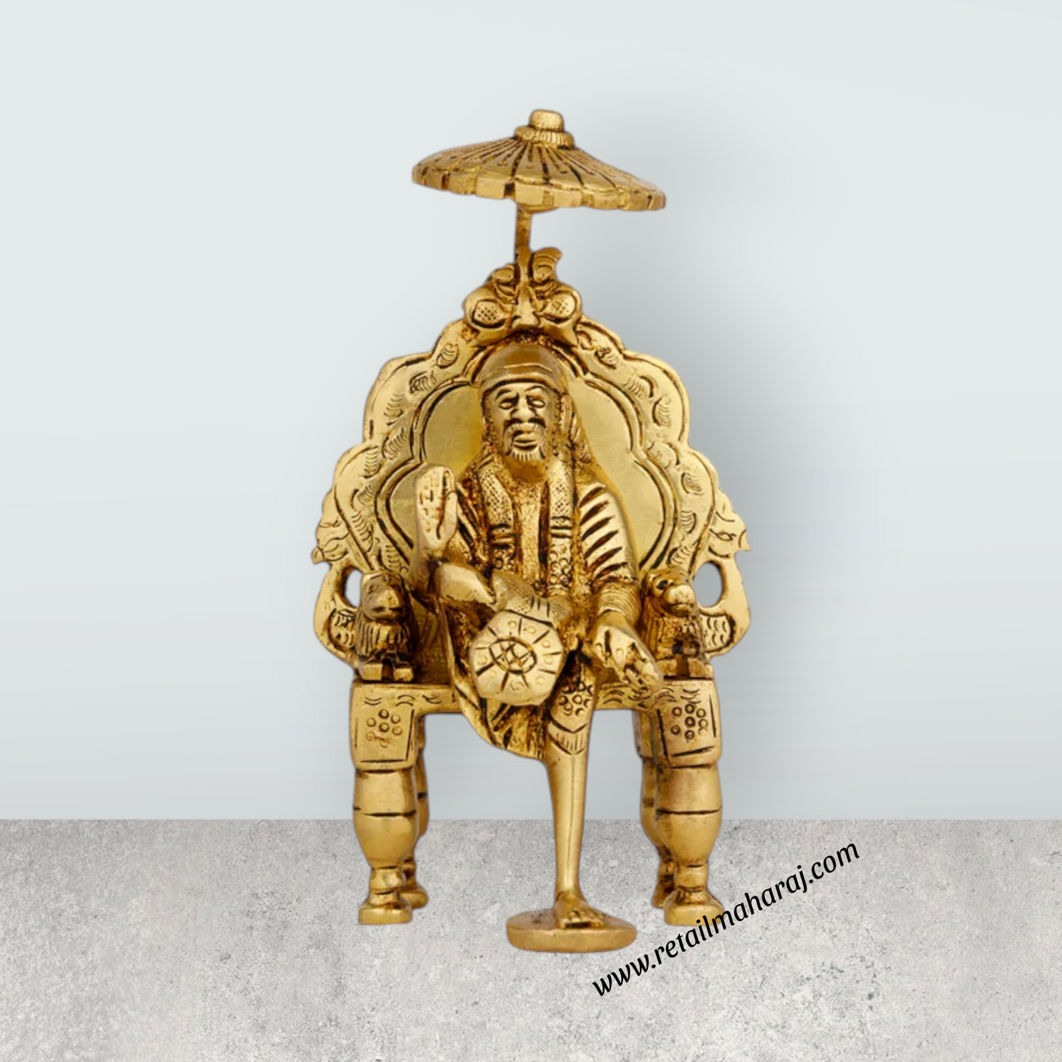 Saibaba Statue Sitting On Sinhasan - 6 x 3.5 Inches | Antique Brass Idol/ Sai Baba Vigraham for Pooja