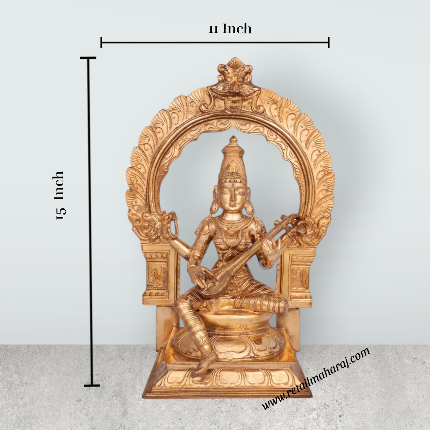 Saraswati sitting on Base Murti - 15 x 11 inches | Panchaloha Idol / Vagdevi with arch Statue for pooja - Retail Maharaj