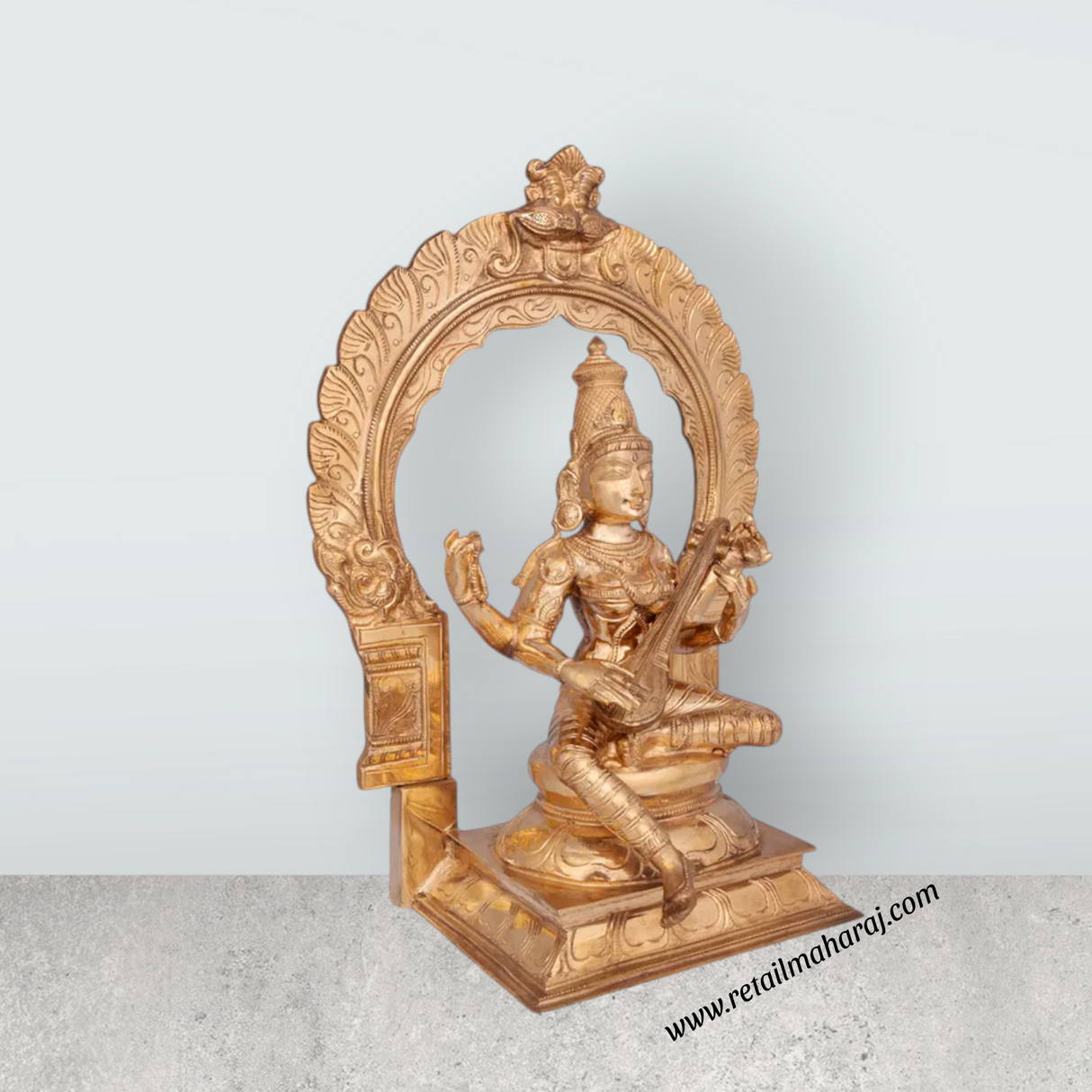 Saraswati sitting on Base Murti - 15 x 11 inches | Panchaloha Idol / Vagdevi with arch Statue for pooja - Retail Maharaj