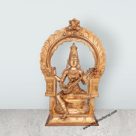 Saraswati sitting on Base Murti - 15 x 11 inches | Panchaloha Idol / Vagdevi with arch Statue for pooja - Retail Maharaj