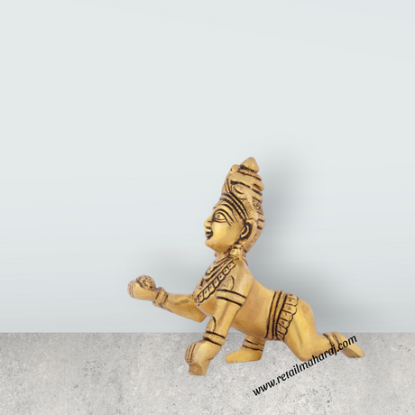 Crawling Krishna Idol - 4 x 3.5 Inches | Antique Brass Statue/ Laddu Gopal Murti for Pooja/ 520 Gms Approx - Retail Maharaj