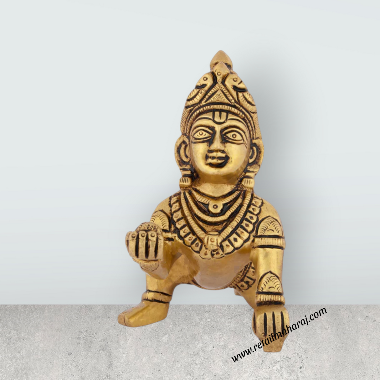Crawling Krishna Idol - 4 x 3.5 Inches | Antique Brass Statue/ Laddu Gopal Murti for Pooja/ 520 Gms Approx - Retail Maharaj