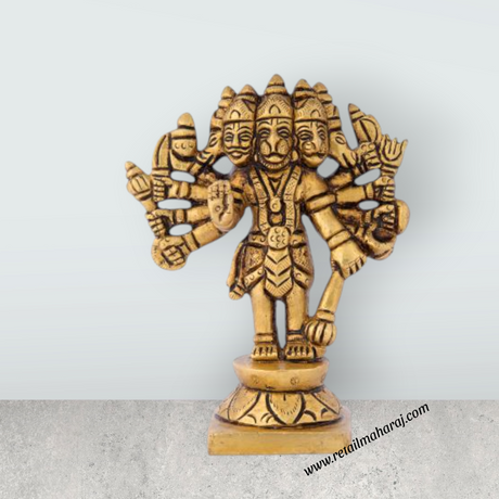 Panchamuga Hanuman - 4 x 3 Inches | Anjaneya Statue/ Antique Brass Statue/ Hanuman Murti for Pooja - Retail Maharaj
