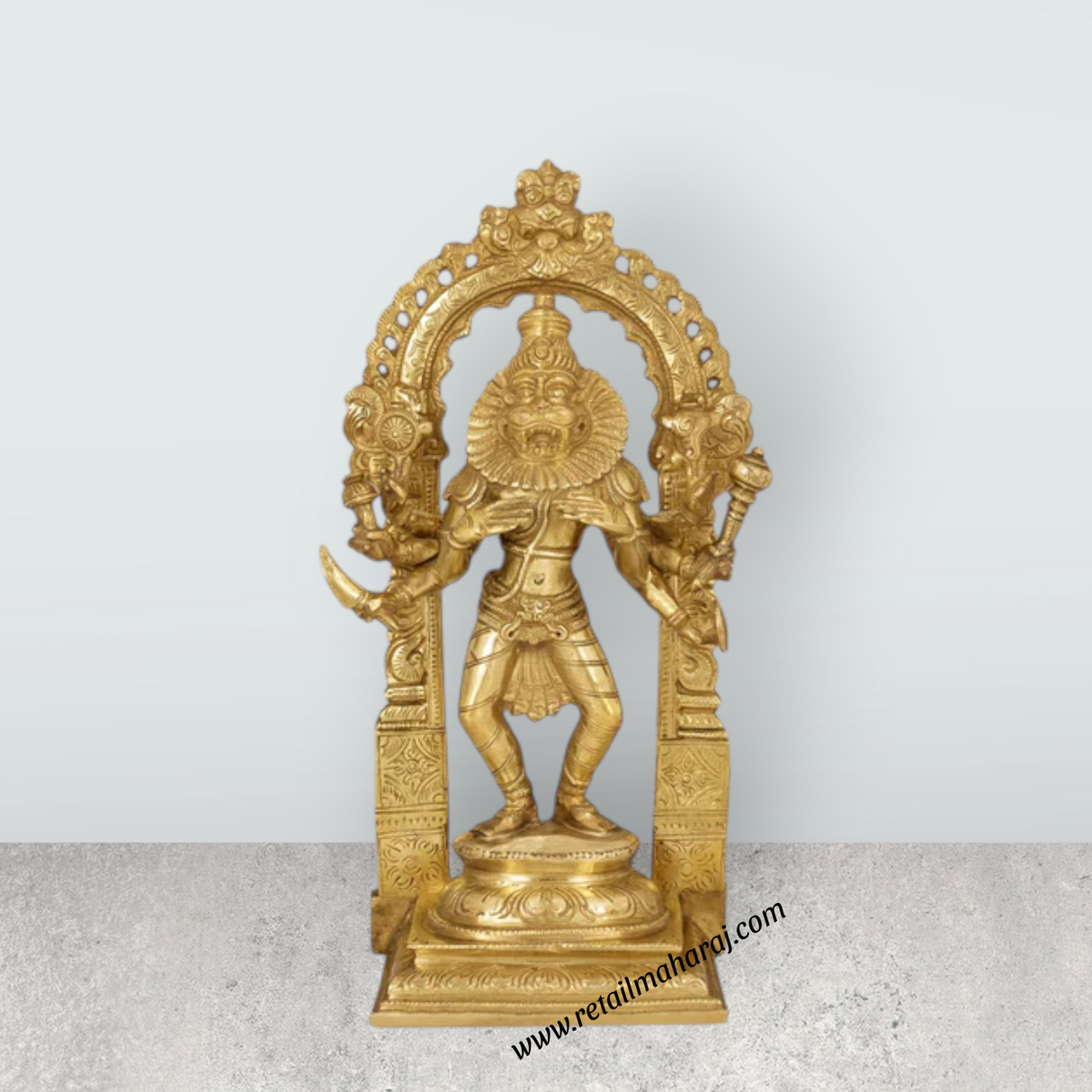 Narasimmar 8 Hand Standing With Arch On Base - 12 x 5.5 Inches | Bronze Statue/ Laxmi Narasimha Idol for Pooja - Retail Maharaj