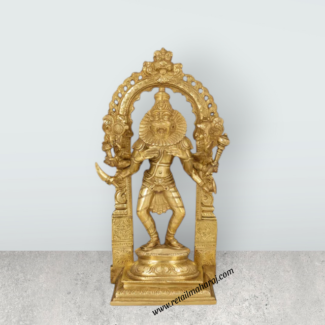 Narasimmar 8 Hand Standing With Arch On Base - 12 x 5.5 Inches | Bronze Statue/ Laxmi Narasimha Idol for Pooja - Retail Maharaj