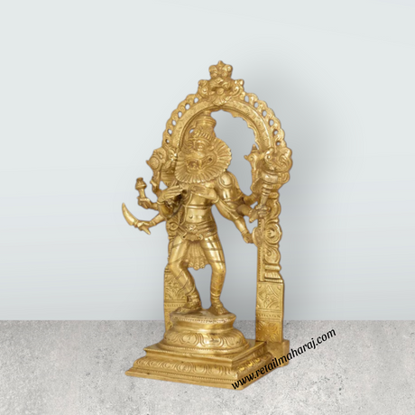 Narasimmar 8 Hand Standing With Arch On Base - 12 x 5.5 Inches | Bronze Statue/ Laxmi Narasimha Idol for Pooja - Retail Maharaj