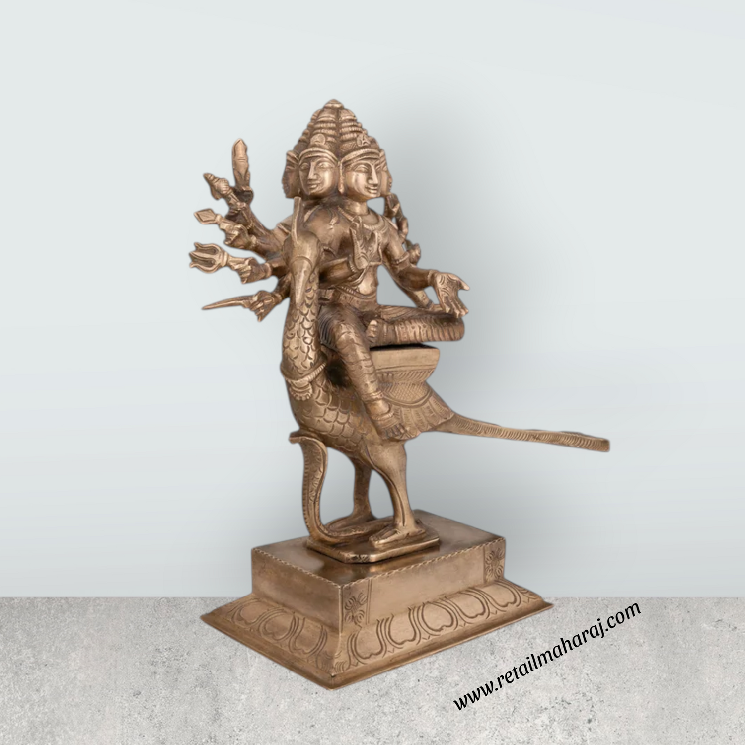Arumugam Murugan Sitting on Peacock on Base Murti - 10 x 9 Inches | Bronze Idol/ Murugan Statue For Home & Pooja - Retail Maharaj
