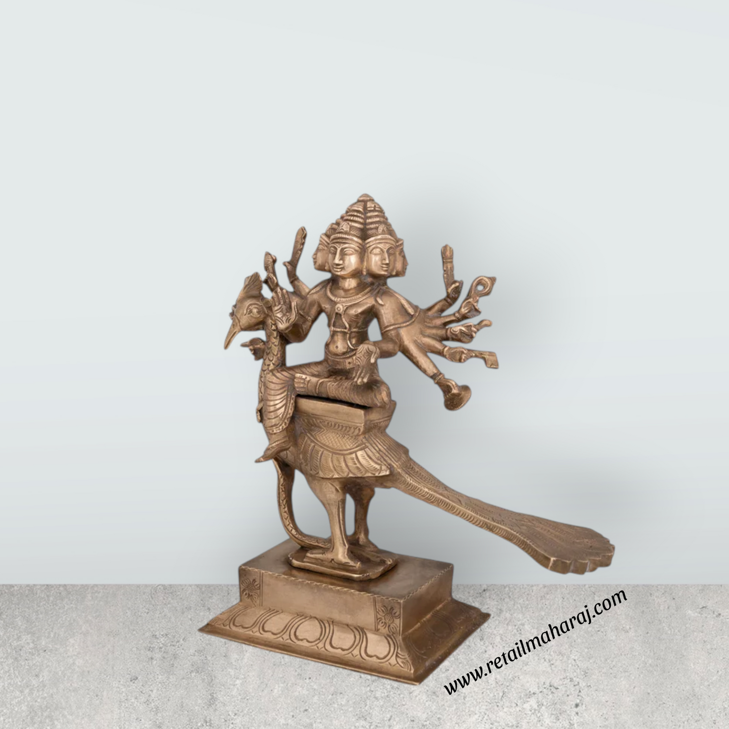 Arumugam Murugan Sitting on Peacock on Base Murti - 10 x 9 Inches | Bronze Idol/ Murugan Statue For Home & Pooja - Retail Maharaj