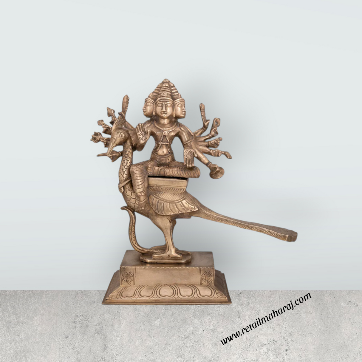 Arumugam Murugan Sitting on Peacock on Base Murti - 10 x 9 Inches | Bronze Idol/ Murugan Statue For Home & Pooja - Retail Maharaj