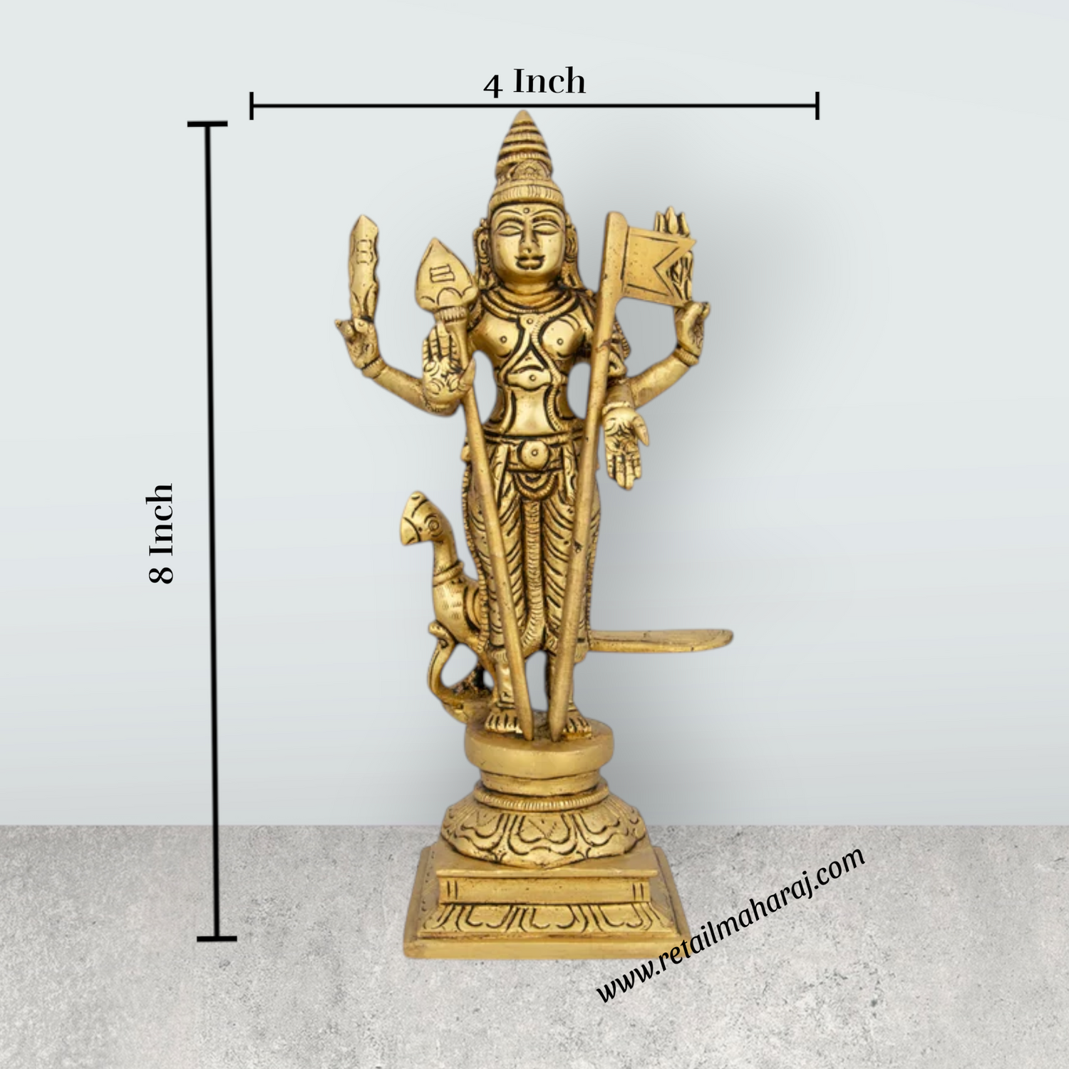 Mayil Murugan Statue - 8 x 4 Inches | Antique Brass Idol/ Peacock Murugan Silai for Pooja/ 1.125 Kgs Approx - Retail Maharaj